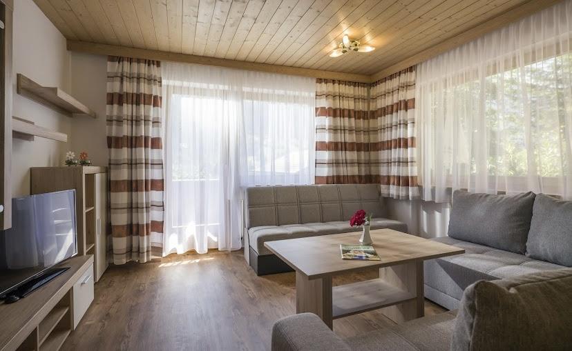 Heller Wohnraum der Ferienwohnung 2 mit Sofa und Holzdecke